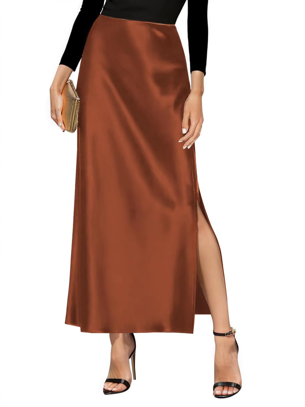 Damen-Maxirock aus Satin, hohe Taille, seitlicher Schlitz, elastischer Bund, lange Seidenröcke für Frauen