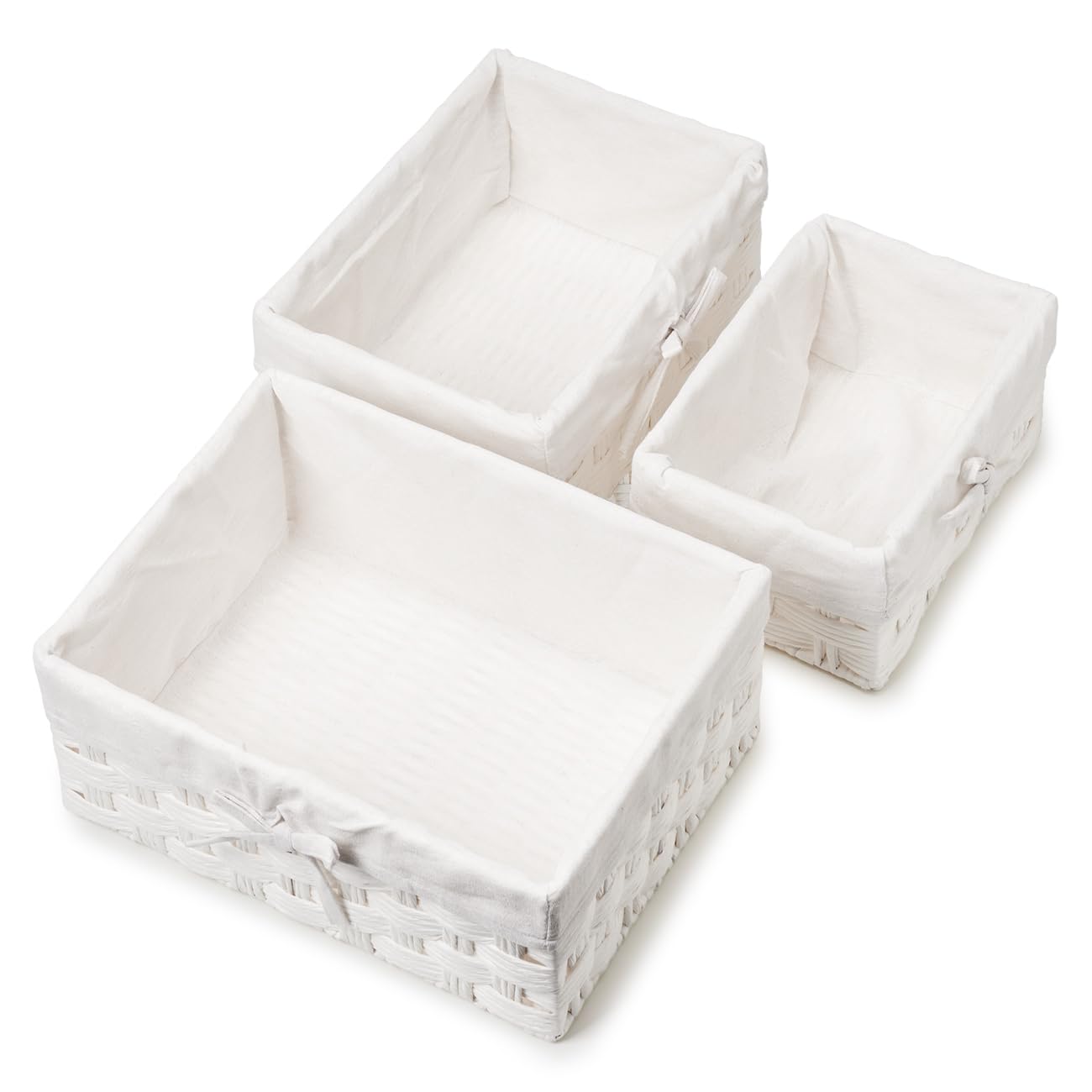 EZOWare Lot de 3 Boîtes de rangement de Papier Torsadé, Panier Tressé Décorative avec Doublure en Tissu pour la chambre de bébé, les jouets pour enfants, la maison - (3 Tailles, Blanc)