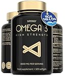 Fish Oil Omega 3 Capsules High Strength - 3000mg Triple Potency - Easy to Swallow with No Fishy Aftertaste - 120 Softgels - UK Made Omega 3 Supplements High in DHA & EPA - Pure & Sustainable Fish Oil