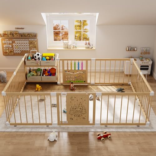 IKALIFE Large Wooden Baby Storage Playpen - Adjustable Play Yard for Babies and Toddlers Baby Fence Activity Center with Locking Gate 4 Toy Storage Cases Portable Play Pen 9+3 Panels 47.2470.86