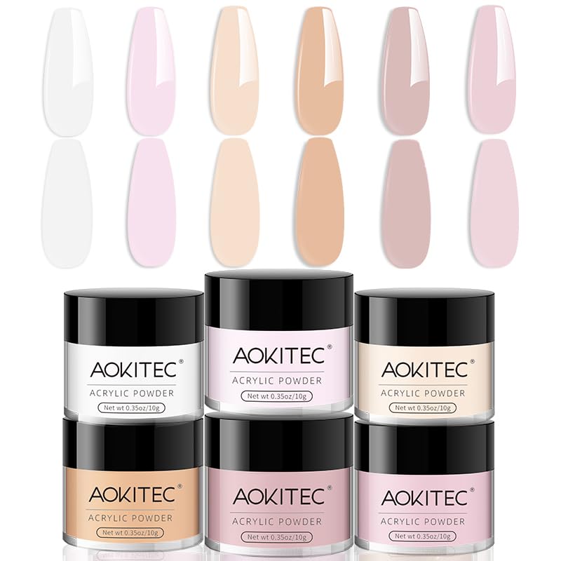 Aokitec Juego de 6 polvos acrílicos, polvo de uñas acrílico transparente nude rosa para extensiones de uñas, tallado de uñas 3D, polvo de uñas para uñas acrílicas, manicura francesa, salón de manicura