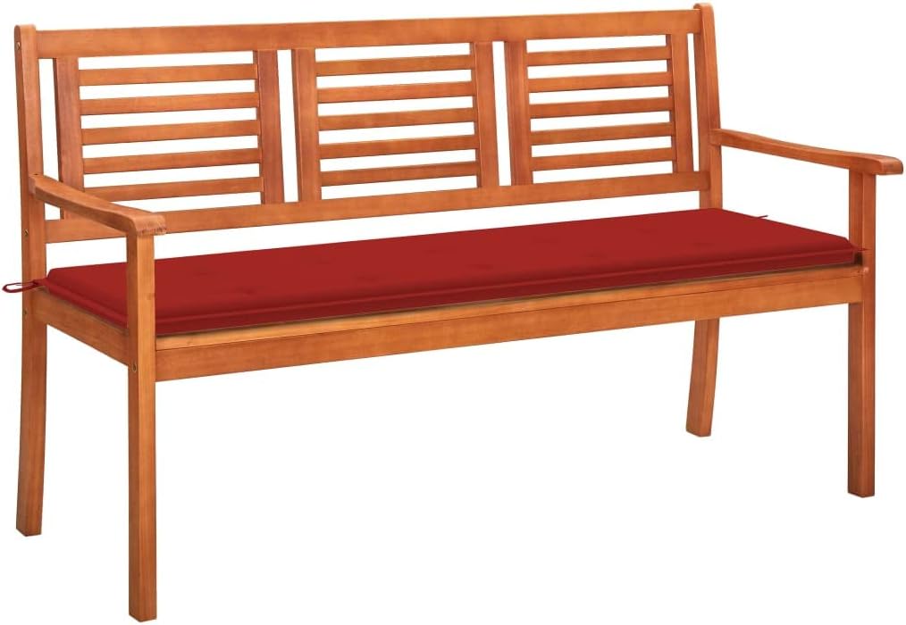 3-Seater Outdoor Patio Bench with Red Cushion, 59.1"x23.6"x35" Solid Eucalyptus Wood Garden Bench with Armrest, Large Bench Front Porch Chair for Patio Porch Poolside Balcony