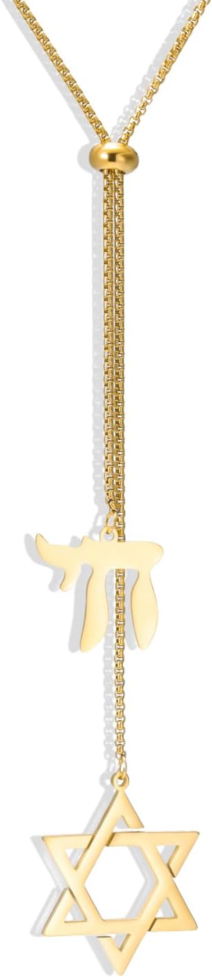 Amaxer Jewish Faith Adjustable Sliding Star of David & Chai Pendant Necklace Double Religious Symbol Charm Stainless Steel Snake Chain Jewelry
