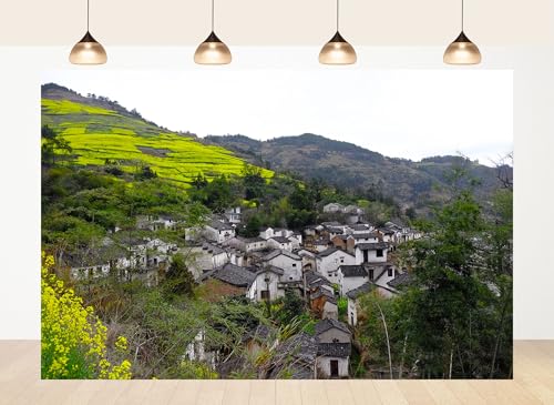 LidyMini 20x10ft Fabric White Walled Villages Backdrop Yellow Rape Seed Fields Background Rural Chinese Charm Theme Party Decorations Wall Tapestry Portrait Shooting Photo Studio Props