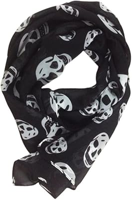 Wakauto Ladies Tulle Skull Pattern Printed Scarf Cool Comfortable Fashion Soft Scarf Shawl Ladies Girls 165 X 70cm (Black)