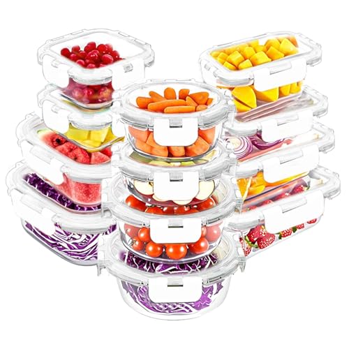 VERONES 12 Packs Glass Food Storage Containers Set with Lids, White