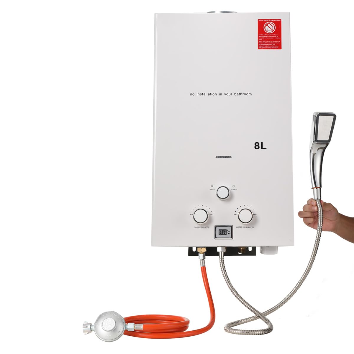 16KW LPG Propangas-Warmwasserbereiter mit Gasdruckregler, Tankloser Sofort-Warmwasserbereiter Kesselbrenner mit Duschkopf-Kit für Kleine Häuser Segelbootkabinen für Wohnmobile Camping, Weiß