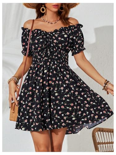 Image of Milumia Women's Floral Off Shoulder Puff Sleeve Short Dress Boho Frill Trim A Line Mini Dresses