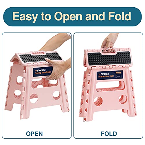 Image of Flottian 13 inch Folding Step Stool for Adults and Kids Holds Up to 300 lbs,Non-Slip Folding Stools with Handle, Compact Plastic Foldable Step Stool for Bathroom,Bedroom, Kitchen,Sakura Pink,1PC