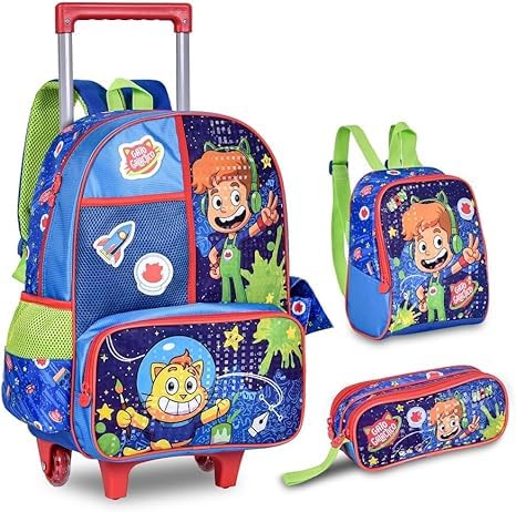 Kit Mochila de Rodinhas Estojo e Lancheira Gato Galáctico