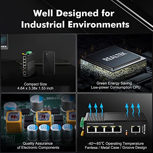 Image of MokerLink 5 Port Industrial DIN-Rail Network Switch, 10 /100Mbps Fast Ethernet, IP40 Rated Network Switch (-40 to 185F), with UL Power Supply