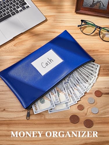 SMARTAKE Money Bags with Zipper, 2-Pack Bank Bags with Label, Waterproof Leather Money Pouches, for Cash Coin Bill Invoice Deposit Receipt Storage and Organize, 11.5 x 6.2 Inches (Blue)