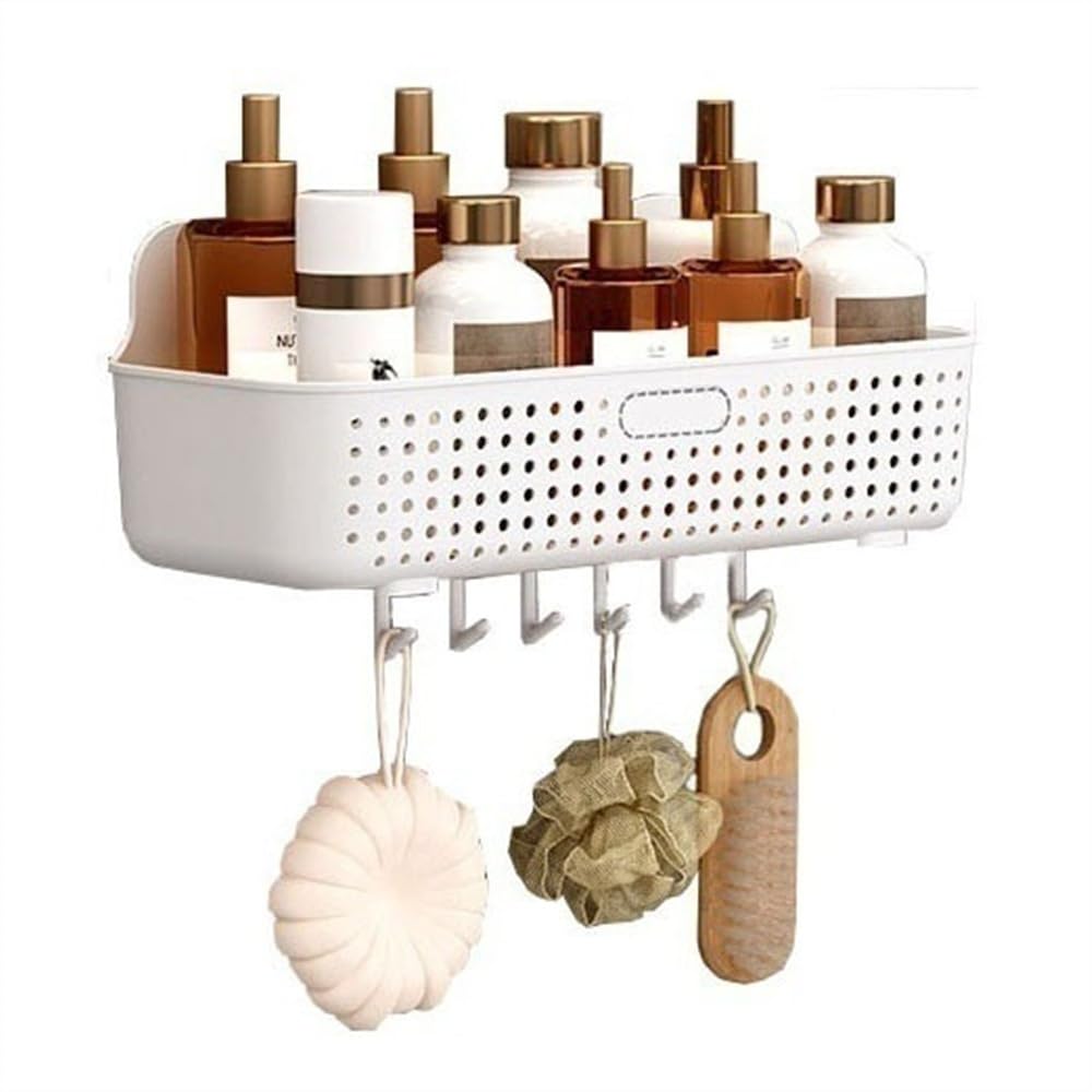 SJDPZ69KJ Organizer Rack Plastic Shower Caddy Wall Mounted Organizer with 6 Hooks No Drilling Storage Basket Rv Accessories