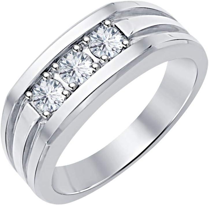 Three Stone White CZ Diamond 14K White Gold Plated Engagement Wedding Band Ring For Men's.