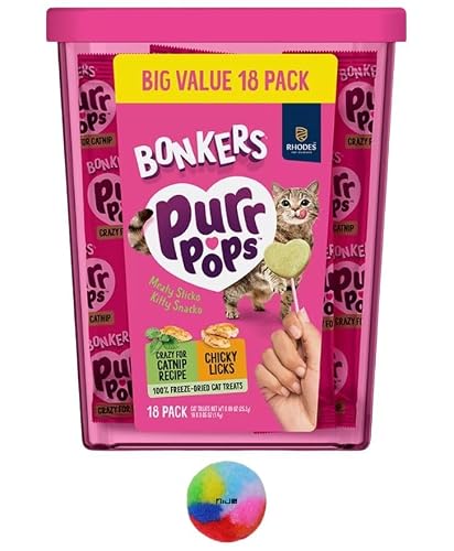 Bonkers Purrpops Lickable Cat Treats Variety Pack, Catnip & Chicken Lollipop Cat Treats 18 Pieces with 1 Cat Pom Pom Ball Toy