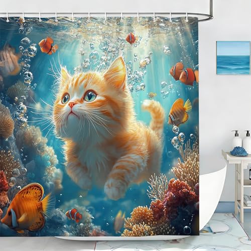 Mocsicka Cute Funny Cat Shower Curtain Ocean World Shower Curtain with 12 Hooks Fish Sea Bath Curtain Waterproof Fabric Bath Curtain for Fun Ocean Bathroom Decor, 72 X 72 Inch