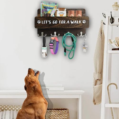 Niciksty Hundegarderobe mit Ablage, Hundeleinenhalter Wand für Ordnen von Leinen und Zubehör, Wandhaken für Hundeleine, Hölzerne Hundeleinen Halterung für Flur, Eingangsbereich, Braun