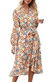 PRETTYGARDEN Women's Floral Print Boho Dress Long Sleeve Wrap V Neck Ruffle Belted A-Line Flowy Maxi Dresses (Floral Yellow,X-Large)