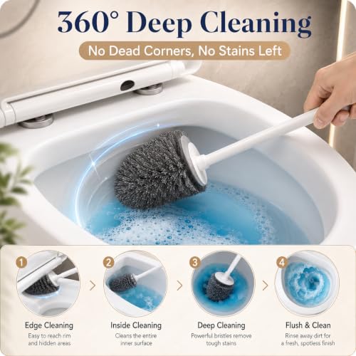 Image of 4-in-1 Silicone Toilet Brush & Holder Set - Deep Cleaning Toilet Bowl Brush with Crevice Cleaner, Wall-Mount & Floor Use | Quick-Dry Holder, Hygienic Bathroom Cleaning Tool (White)