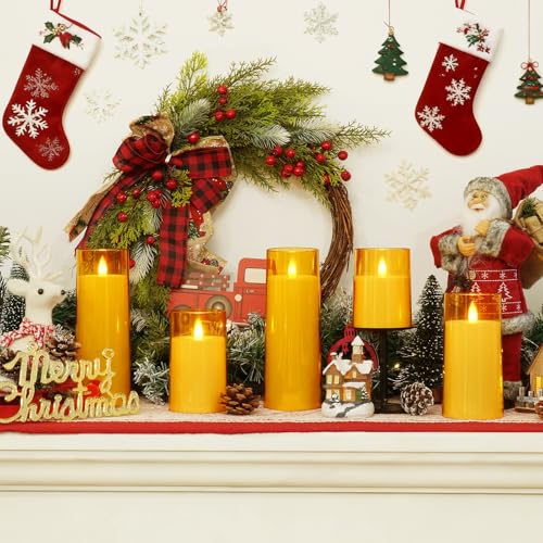 Image of Homemory Realistic Flickering Flameless Candles, Battery Operated Candles with Remote Control and Timer, LED Fake Electric Candle for Home, Christmas Decoration, Gold, Set of 5