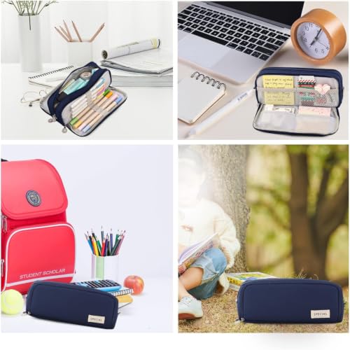 Image of MAMUNU Large Capacity Pencil Case, 3 Compartments Canvas Pencil Pouch with Zipper, Aesthetic Pencil Bag Pen Pouch for School Office Students Teen Girls Boys, Dark Blue