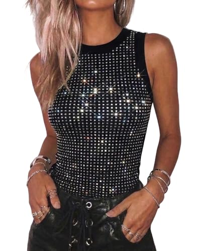 CHICME Womens Summer Sleeveless Ribbed Tank Tops Rhinestone Sparkly Basic Top Slim Fit Party Y2K Outfit-bk-M A-Black