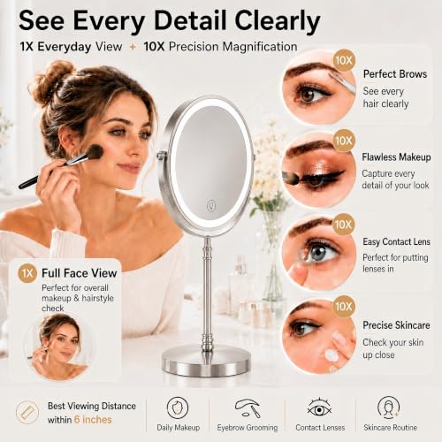 Image of DEIOVWXS Makeup Mirror, Rechargeable Vanity Mirror with 3 Lights, 1X /10X