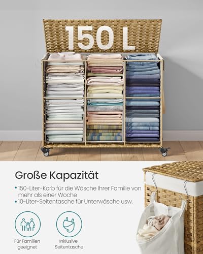 SONGMICS Wäschekorb mit Deckel, 160 L, Wäschesammler 3 Fächer, Wäschesortierer mit Rollen, in Rattan-Optik, Wäschesack herausnehmbar, für Waschküche, 76 x 33 x 66 cm, naturfarben LCB365N01