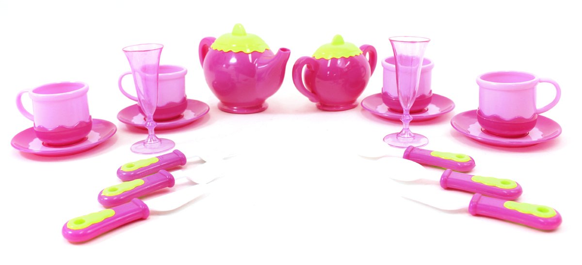 Deluxe Pink Tea Toy Set for Kids with Tea Pots, Cups, Dishes and Kitchen Utensils for Pretend Play (18 pcs) Children Play Tea Set Gift for Girls 2-4