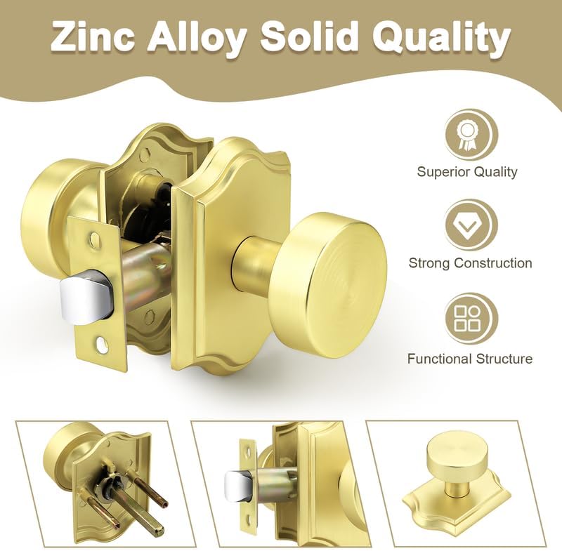 Probrico Brass Door Knobs Interior, Gold Door Handles for Closet/Hallway, Keyless Door Knobs No Lock, 6 Pack