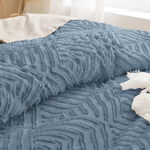 Image of Andency Blue Comforter Set Full Size, 3 Pieces Boho Lightweight Fluffy Bedding Comforter Set for Full Bed, Tufted Farmhouse Design Bed Set for All Season (1 Comforter 79x90In, 2 Pillowcases)