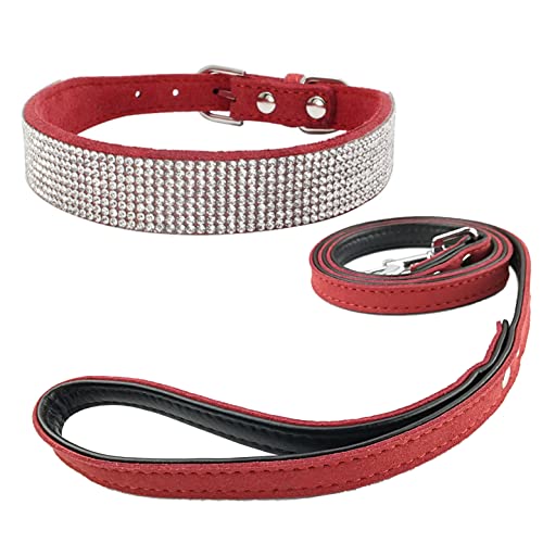 Newtensina Stylish Dog Collar with Diamante and Leashes Soft Suede Bling Cute Kitten Collar Puppies Collar with Lead for Dogs Cats