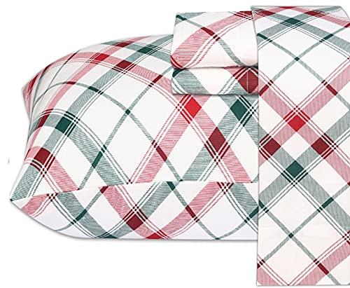 Ruvanti 100% Cotton 3 Pcs Flannel Sheets Twin, Deep Pocket, Warm, Super Soft, Breathable, Moisture Wicking Twin Sheet Set, Bed Sheets Include Flat, Fitted Sheet, 1 Pillowcase - Red & Green Cross Plaid #TOP4