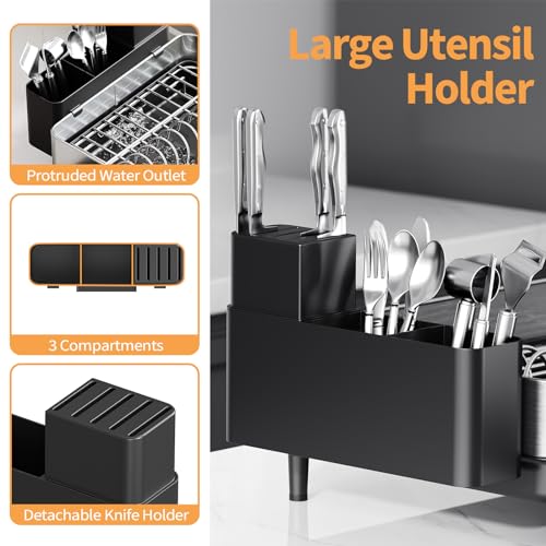 Urackify Dish Rack for Kitchen Counter, 304 Stainless Steel Dish Drying Rack, Expandable Dish Drainer, Foldable Dish Strainer with Cutlery Holder, Kitchen Plate Rack (Black, Large Size)
