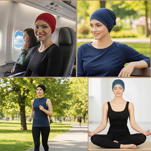 Deresina Headwear Essentiell Bambus Chemo Mutze fur Damen – Weiche Schlafmutze, Kopfbedeckung bei Haarausfall, Ideal unter Hut, Turban oder Kopftuch (Plain Denim (ohne Perlen)