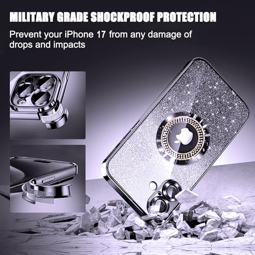 Image of Misscase for iPhone 17 Magnetic Glitter Case Compatible with MagSafe,Full Protection Slim Shockproof Anti-Scratch Case with Camera Lens Protector Plating Bling Dust-Proof Net for Women Black