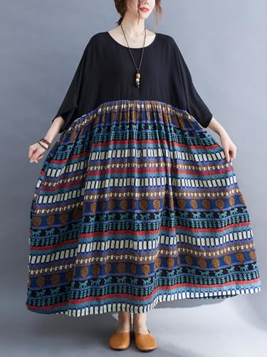 Image of Women's Oversized Dress Plus Size Summer Dress Artsy Print Pathwork | Loose, Oversized Cut Baggy Dresses. O Neck with Pockets. Breathable Viscose Fabric for Summer. Colorful Print Patchwork