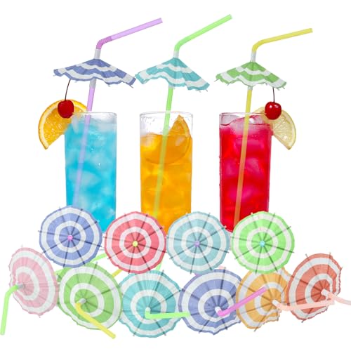 Haundry 24pcs Umbrella Straws Long Cocktail Drink Umbrellas Fancy Flower Bar Straw Tropical Summber Beach Luau Tiki Hawaiian Party Straws Decorations (Circle)