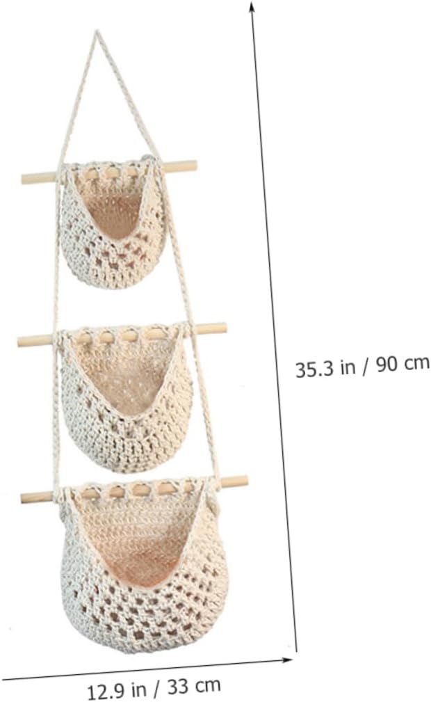 Wakauto Hand Made Cotton Rope Hanging Fruit Basket Wall Mounted Vegetable Holder Organizer for Kitchen Storage and Display Woven Hanging Basket for Fruits and Veggies