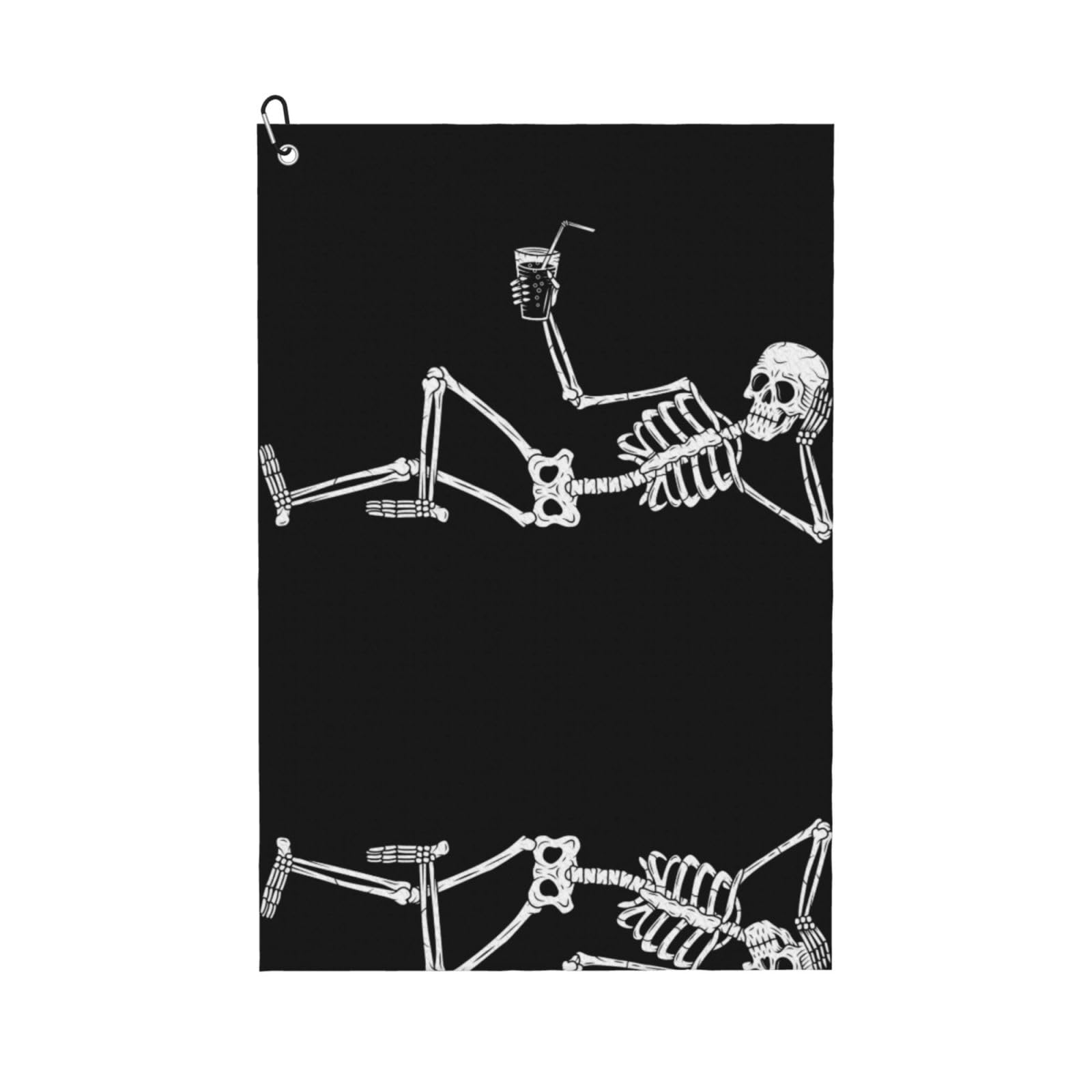 peiyeety Resting Skeleton with Cocktail Microfiber Golf Towel with Carabiner Clip, 16x24 Inch Absorbent Waffle Weave Towel for Golf Bags