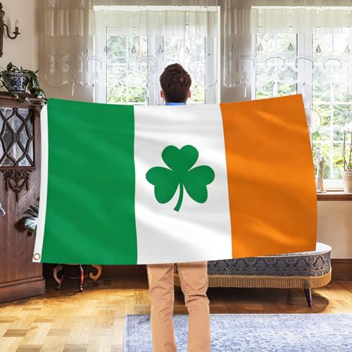 Image of AhfuLife Irish Shamrock Flag Banner 3x5 Ft for St Patrick's Day Decorations, 1 Pc Large Ireland Shamrock Flag - Double Sided with Brass Eyelets for Irish National Day, Outdoor Indoor Garden Decor