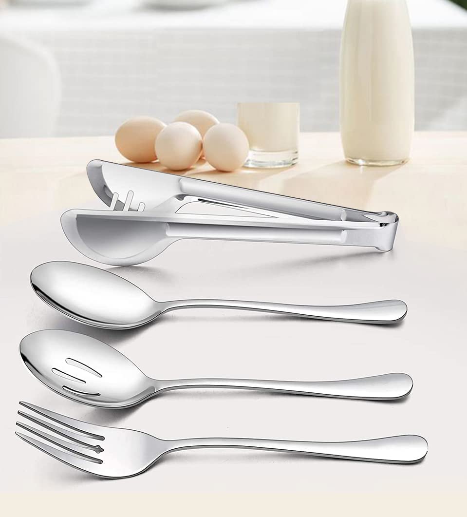 Set di Posate da Portata in Argento 10 Pezzi, Set di utensili da portata in acciaio inox con cucchiai grandi, forchette, mestoli per zuppa, sollevatore di torte e pinze per buffet