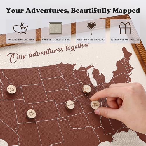 USA Travel Map with 21 Pins, Anniversary Wedding Gift Husband or Wife, Push Pin United States Travel Tracker Map for Him or Her, Heartfelt Couple Gift Idea for Travelers, Lovers, Couples, and Families — view 4