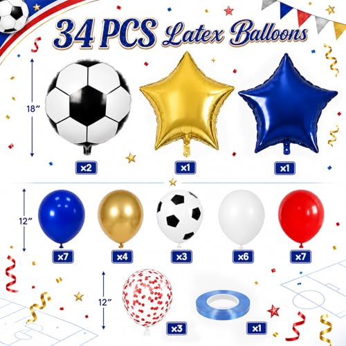 Image of Soccer Balloons, Red Gold Blue Balloons, Soccer Sports Theme Party Balloons