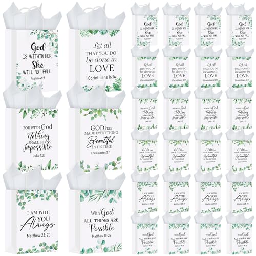 Resholder 30 Pcs Greenery Christian Gift Bags with Tissue Papers Religious Bible Verse Paper Bags with Handles Inspirational Eucalyptus Treat Pouches Church Gifts for Spring Wedding Baptism Party