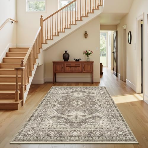 Rugland 4x6 Rug - Stain Resistant Washable Rug, Anti Slip Backing Rugs for Living Room, Vintage Tribal Area Rugs (TPR07-Ivory, 4'x6')