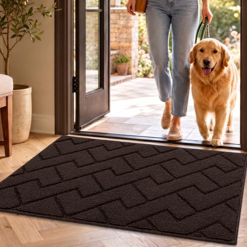 Image of hicorfe Indoor Doormat,Welcome Door mat,Non Slip Door Mats 20 inchx32 inch Absorbent Resist Dirt Entrance Inside Floor Mats for Entryway Washable Low-Profile(Coffee)