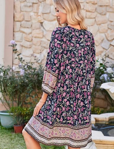 Image of Bluetime Women Casual Summer Dress Boho V Neck 3 /4 Sleeve Babydoll Floral Print Flowy Beach Dress