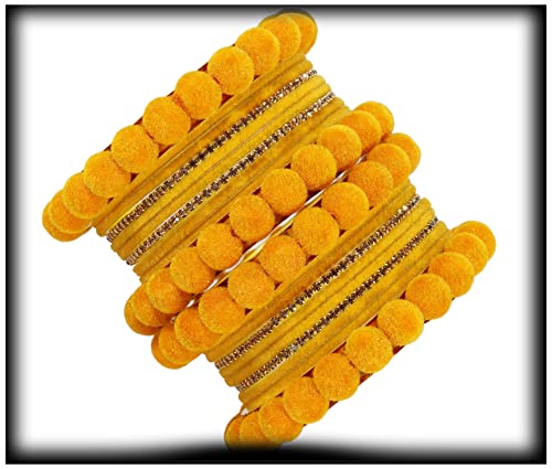 Image of NMII Stylish Metal with Golden Zircon Stone & Velvet Balls Bangles Set For Women and Girls | Fancy Designer Bangles | Short Velvet Chuda Set | Women's Fashion Jewellery