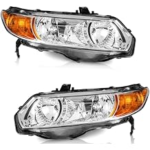 WEELMOTO for 2006-2011 Honda Civic 2-Door Coupe Headlight Assembly Pair Headlamp Chrome Housing Amber Reflector Left+Right Side